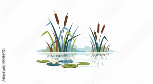 Illustration of tall cattails, green lily pads, and a white water lily reflecting in calm water