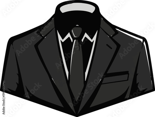 Stylized illustration of a dark grey suit jacket with a black tie and white shirt collar, simple graphic