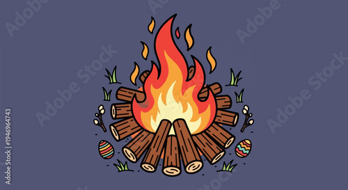 A cartoon campfire with logs, bright flames, green grass, pussy willow branches, and colorful Easter eggs