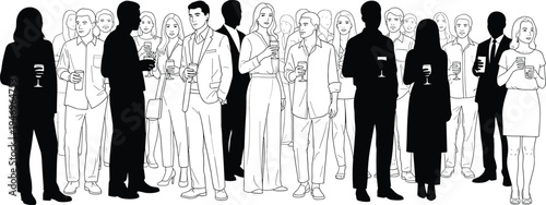Illustration of a diverse crowd of people at a cocktail party networking, social event drawing, business group gathering with drinks,