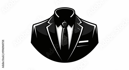 Stylized illustration of a headless torso in a black suit, white shirt, and dark tie, isolated on white