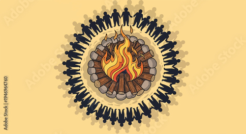A ring of dark human silhouettes holding hands around a campfire with glowing flames on a light yellow background