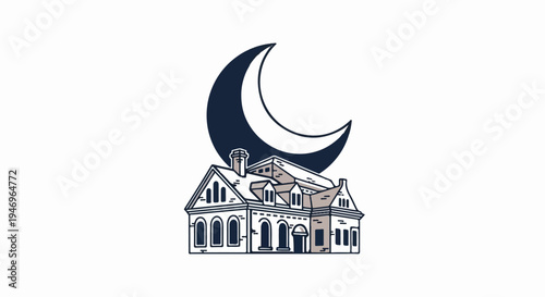 Stylized illustration of a multi-story house with gabled roofs and many windows, under a dark crescent moon