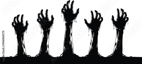 Silhouette of zombie hands reaching from the ground, spooky undead arms rising for Halloween, horror graveyard scene, creepy monster hand vector.