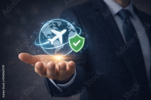 Global travel security concept with airplane orbiting digital globe and security shield representing safe international transportation
