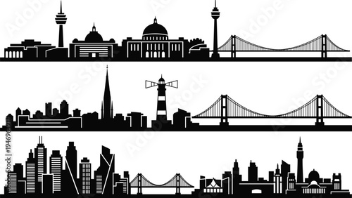 Collection of black city skyline silhouettes including modern skyscrapers famous landmarks bridges and architectural urban landscapes isolated on white background for travel and graphic design.