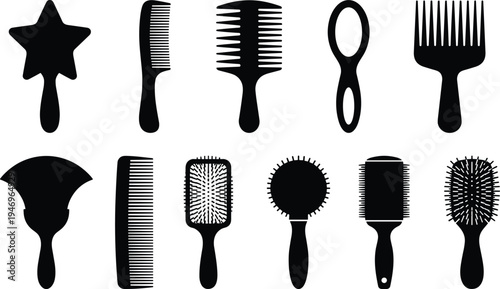 Hairbrush and Comb Silhouette Vector Collection Featuring Different Grooming Tools for Hair Styling Professional Salon Equipment and Personal Beauty Care