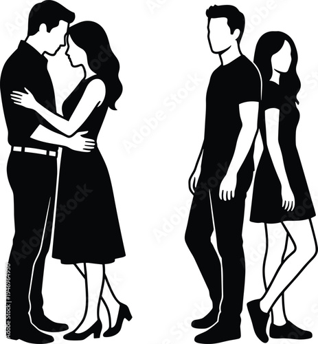 Silhouette of romantic couples in love, man and woman hugging, boyfriend and girlfriend standing back to back, young pair relationship,