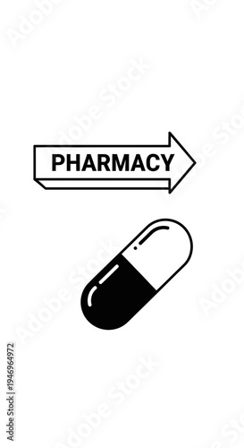 Pharmacy Sign Directing To Pills and Medications, Pharmaceutical Symbol Healthcare and Treatment