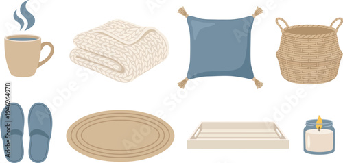 Cozy hygge lifestyle elements with ceramic mug chunky knit blanket woven basket house slippers jute rug wooden tray glass candle jar in oatmeal dusty blue warm white for Scandinavian design