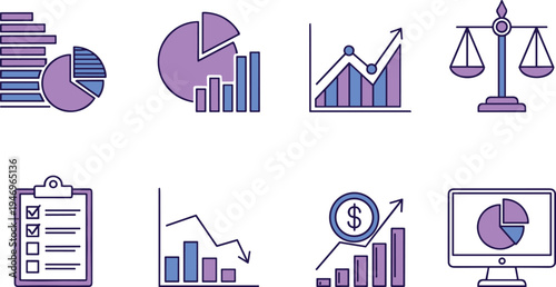 Business Data Analytics and Financial Statistics Icon Set Featuring Bar Charts Pie Graphs Growth Trends Legal Scales and Audit Checklist