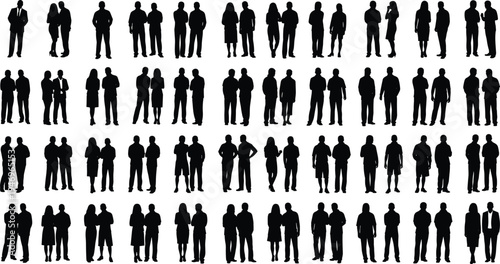 Large collection of black silhouette figures showing diverse people standing in groups and pairs isolated on white background for professional graphic design projects and layouts.