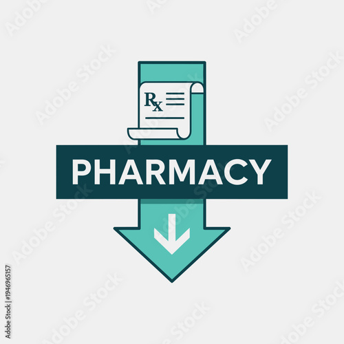 Pharmacy Sign Featuring Prescription Symbol and Directional Arrow Design for Healthcare Imagery