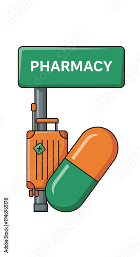 Pharmacy Sign Suggesting Travel Medicine and Health Supplements Availability Worldwide Easily