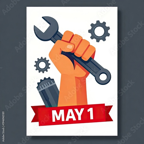 Labor day poster with hand holding wrench and gears