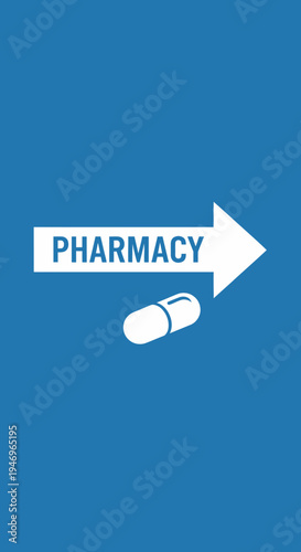 Pharmacy Sign Suggests Direction With Capsule Symbol on Vibrant Azure Background