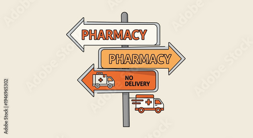 Pharmacy Signage Illustrating Directions and Service Availability for Medical Needs