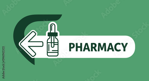 Pharmacy Signage Illustrating Direction with Medical Dropper and Arrow on Green Background
