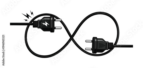 Vector depicting a black power cord looped into an infinity shape with a sparking plug