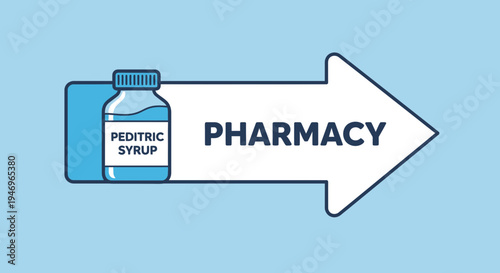 Pharmacy Symbol Illustrating Pediatric Syrup Medication with an Arrow Pointing Right