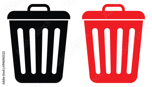 Trash Can Icons Black and Red Waste Bin Garbage Can Set Isolated on White Background
