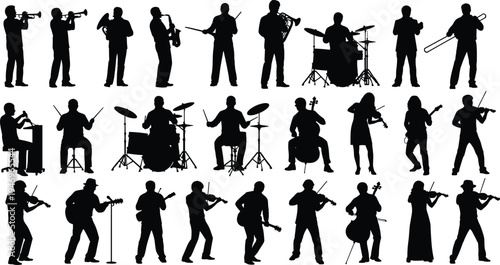 Large collection of black silhouette musical instrument players performing jazz classical and rock music including violinists drummers guitarists and trumpet players on white.