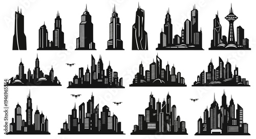 Modern City Skyline Silhouette Collection: Diverse Architectural Styles, Urban Landscape, Vector Art