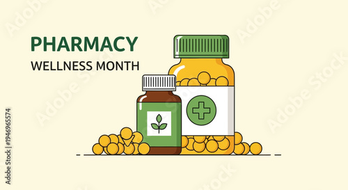 Pharmacy Wellness Month: Healthcare Medications and Health Supplements Illustration