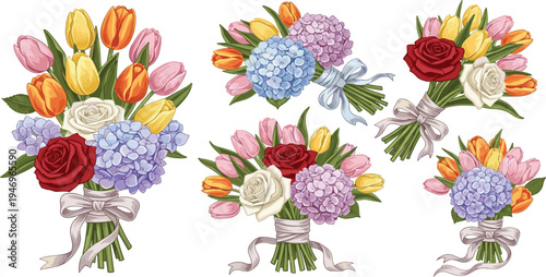 Beautiful Floral Bouquets Featuring Tulips, Roses, and Hydrangeas Wrapped with Ribbons for Wedding and Celebration Designs