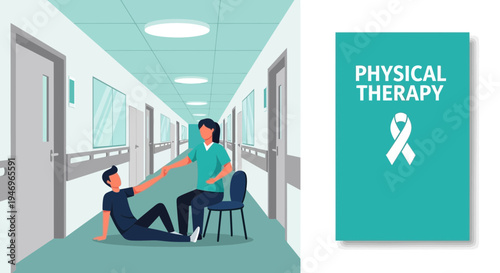 Physical Rehabilitation and Support Illustrated in a Clinic Corridor Setting