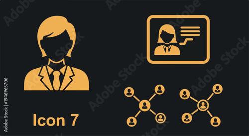 Set of 4 golden business and social network vector icons on a dark background, featuring a professional woman, presentation, and connected people