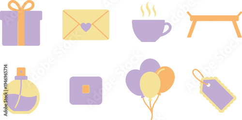 Mother's Day gift celebration elements with gift box envelope tea cup breakfast tray perfume bottle jewelry box balloons gift tag in lavender pale yellow apricot for Mother's Day design