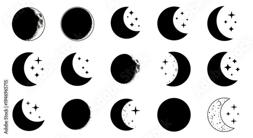 Moon Phases Collection: Celestial Icons with Stars and Crescent Shapes