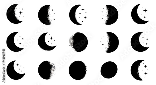 Moon Phases Cycle and Celestial Bodies Illustration