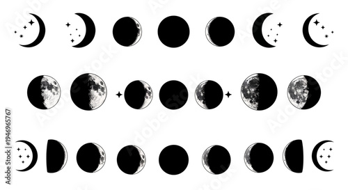 Moon Phases Cycle: Crescent, Half, Gibbous, Full Moon, New Moon, Celestial Body