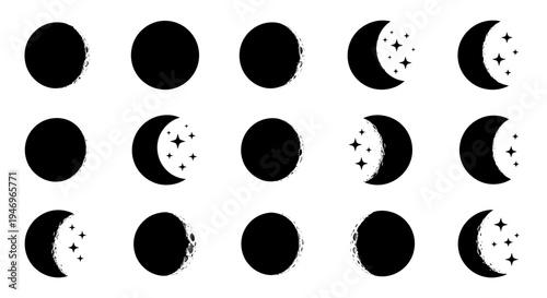 Moon Phases Cycle Icon Set, Celestial Body Orbit and Lunar Stages