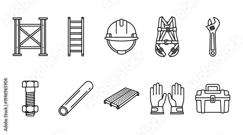 A collection of line art icons representing construction industry tools and safety equipment, including a ladder, hard hat, harness, wrench, and toolbox.