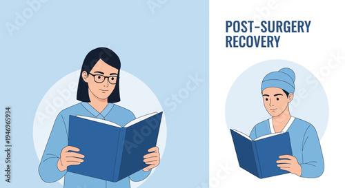 Post Surgical Recovery Medical Illustrations Depicting Patient Reading and Healthcare Knowledge