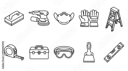 A collection of line art icons depicting essential construction tools and safety equipment, presented on a clean white background for easy integration into designs.