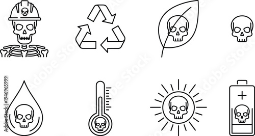 Environmental hazard icons set with skull symbols for climate change global warming pollution toxic waste recycling and dangerous materials warning signs