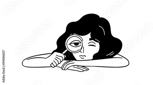 Minimalist line art illustration of a woman looking through a magnifying glass, curious girl investigating with a lens, hand-drawn vector sketch 


