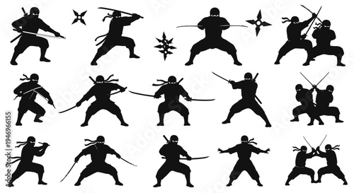 Ninja Silhouettes: Dynamic Poses of Warriors in Action