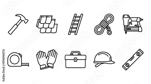A collection of black and white line art icons depicting essential construction and repair tools, perfect for design projects related to building and DIY.