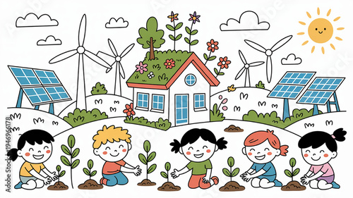 Children planting trees around a sustainable eco-friendly house with solar panels and wind turbines concept for environmental education and green energy