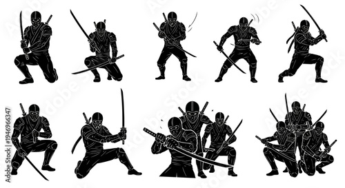 Ninja Warriors Collection: Dynamic Poses, Sword Combat, Silhouette, Action