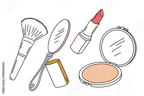 Collection of hand-drawn makeup items including a powder brush compact powder lipstick and mirror perfect for beauty blogs and cosmetic advertising
