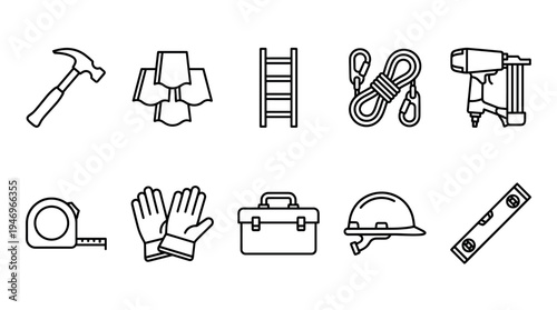 A clean line art collection of essential construction tools displayed on a white background, perfect for design projects.
