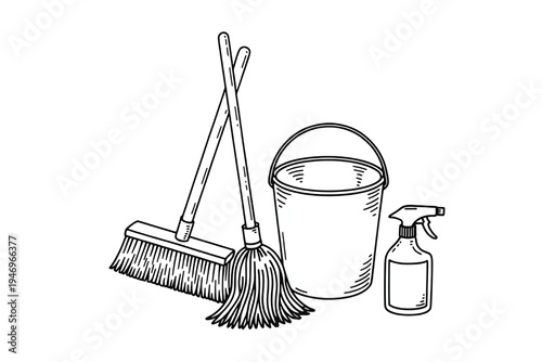 Collection of cleaning supplies including a broom mop bucket and spray bottle hand-drawn vector illustration for household chores and hygiene concepts