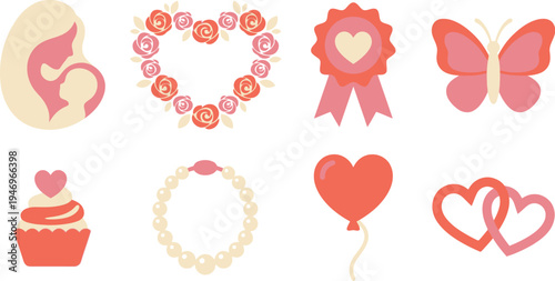 Symbolic Mother's Day icons with mother child silhouette heart flower wreath ribbon medal butterfly cupcake pearl necklace heart balloon interlocking hearts in coral rose pink soft cream for romantic 