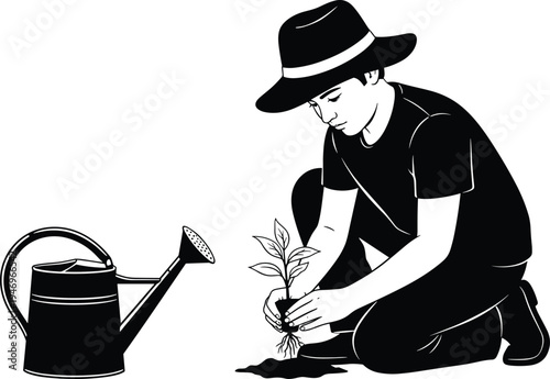 Young man planting a sapling vector, gardener with watering can silhouette, farming and agriculture concept, isolated botanical garden illustration, white.